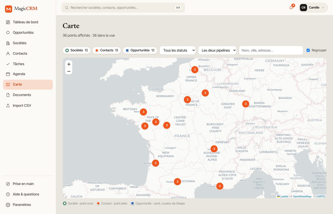 Carte du portefeuille avec regroupement des points proches