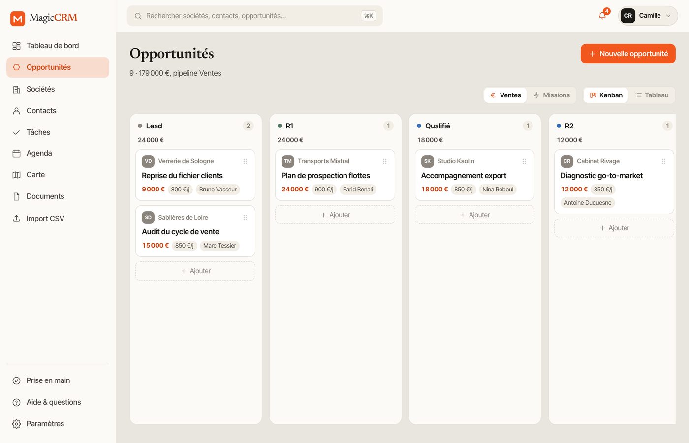Pipeline en kanban, colonnes par étape, cartes déplaçables